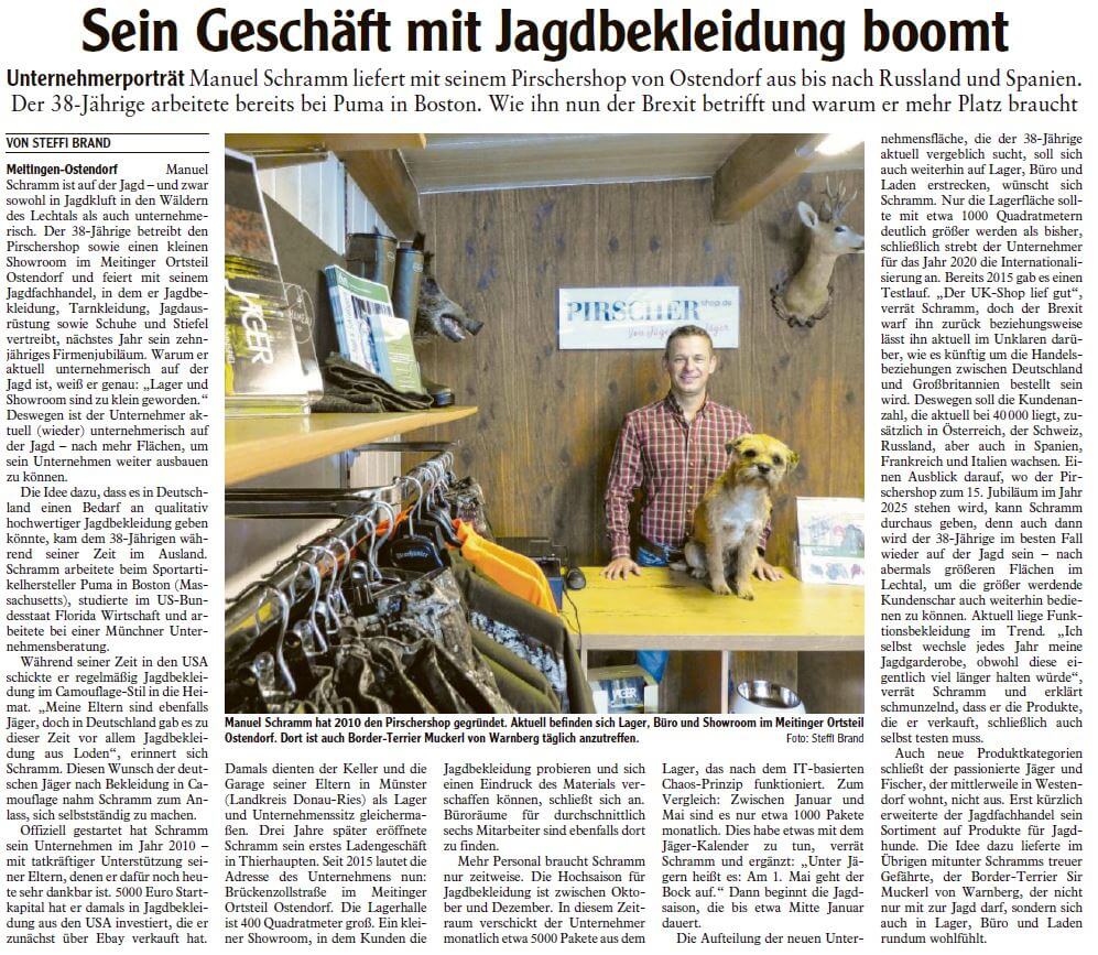 Pirscher Shop in der Augsburger Allgemeinen — Interview mit Gründer Manuel Schramm, 11. Oktober 2019