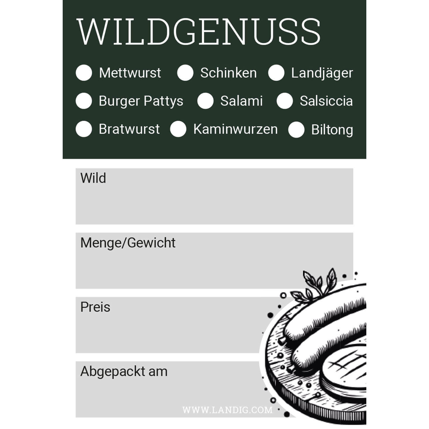  Landig Etichette di caccia Wildgenuss - Attrezzatura da caccia